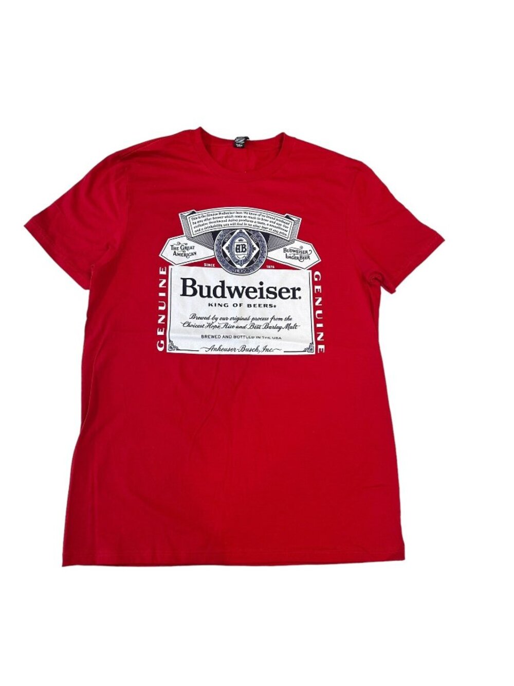 Mens Short Sleeve T Shirt  Red Graphic Budweiser Print Size L.